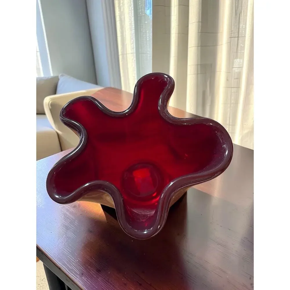 Curvy Vase Thick Hand blown Art Glass Poland Red Ruby Modern Sculpture 7